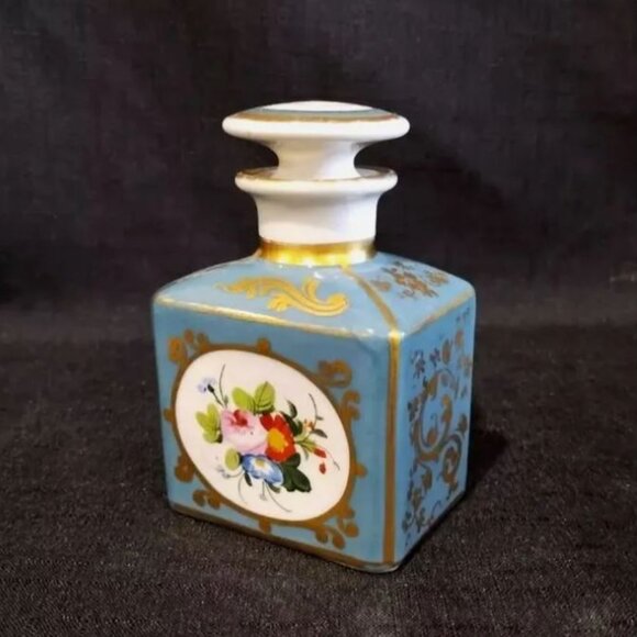 Antique Porcelain Perfume Bottle Turquoise Gold Filigree Rose Flowers Square - Picture 1 of 9